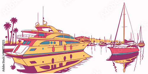 A large yellow boat next to a smaller red sailboat Vector
