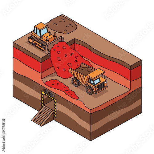 Illustration of open-pit mining operations showing a bulldozer pushing material into a dump truck within a layered excavation.