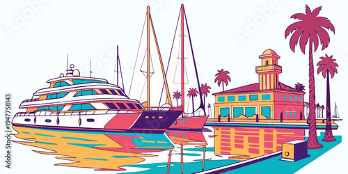A colorful cruise ship docked near a tropical island resort Vector
