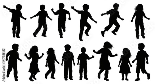 Silhouettes of children dancing together.