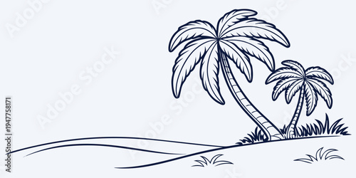 A drawing of two palm trees on a sandy beach Vector