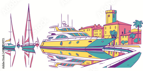 A colorful boat sitting in a harbor with buildings Vector