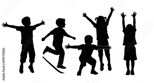 Silhouettes of children jumping happy.