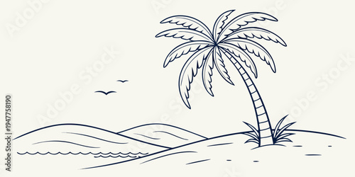 A palm tree on a sandy beach with birds flying overhead Vector