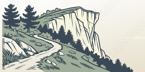 A cliff with a road and trees on the side Vector