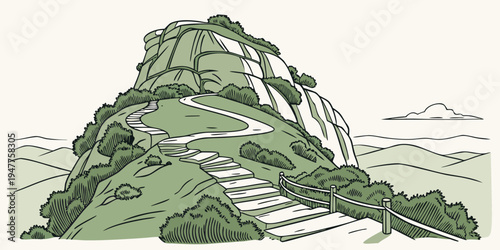 A green mountain with a staircase leading to the top Vector