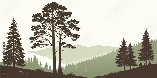 A serene landscape with pine trees on a hill Vector