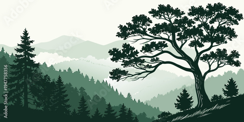 A tree on a hill with mountains in the background Vector