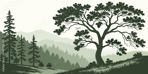 A tree on a hill with mountains in the background Vector