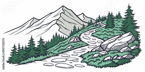 A mountain landscape with a river and trees Vector