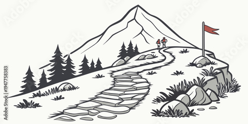 Hiker on a mountain with a flag on a cliff Vector