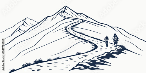 A couple hiking on a winding trail to a mountain peak Vector