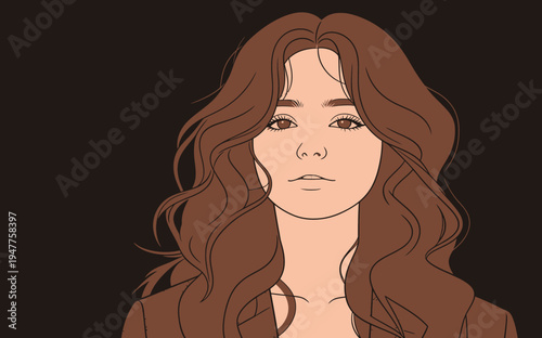 A woman with long wavy hair looks directly at the viewer in a minimalistic style. The background is dark, creating a strong focus on her face.