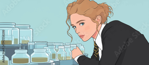A woman in a suit leans over jars in a lab, focused on her work with a serious expression on her face.