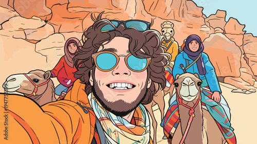 Friends ride camels through a sandy desert, smiling and enjoying their adventure. Colorful outfits contrast with the rocky scenery.
