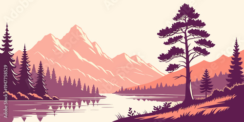 A serene mountain landscape with a lake and trees Vector