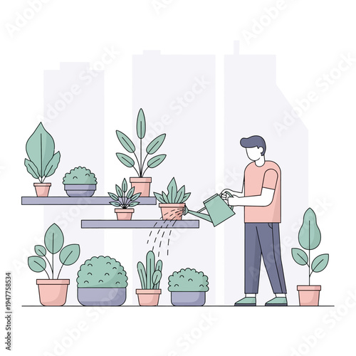 Man watering indoor plants on shelves.