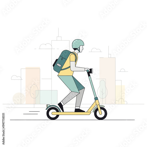 Man riding electric scooter in city.