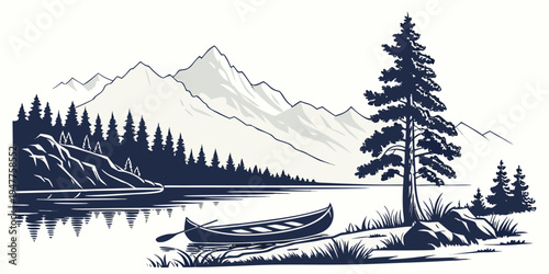 A serene lake scene with a canoe and a pine tree Vector