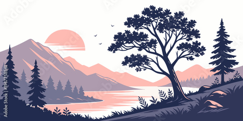 A serene landscape with a tree and mountains Vector