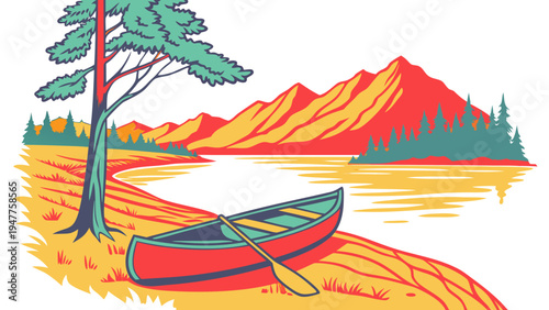 A red canoe sitting on a beach by a tree Vector
