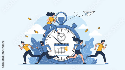 Team of people running and working together around a giant stopwatch and calendar to meet a project deadline.