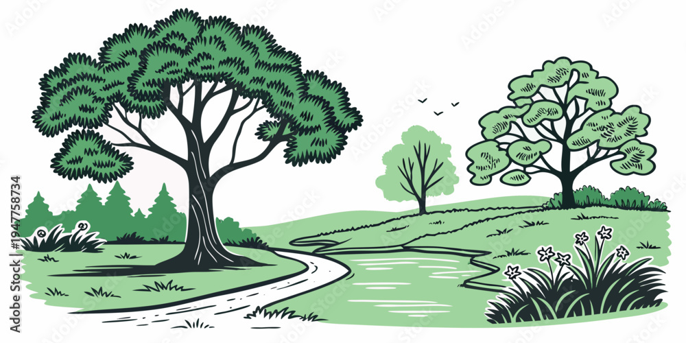 Fototapeta premium A serene landscape with trees and a winding path Vector