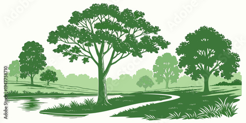 A green landscape with trees and a winding path Vector