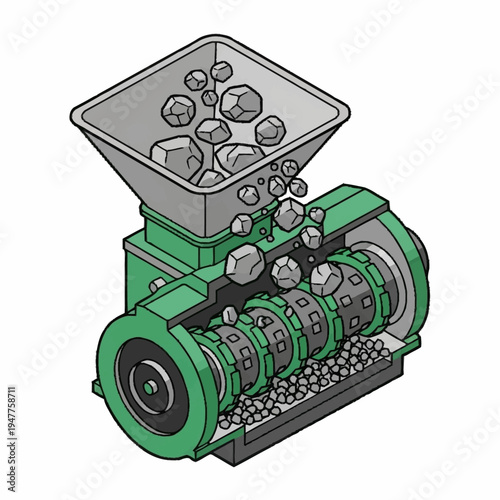 Green industrial crusher machine with metal balls.