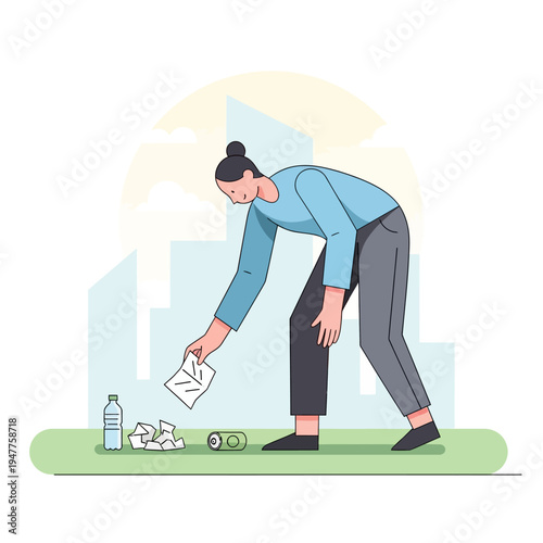 Woman picking up trash in an urban park.