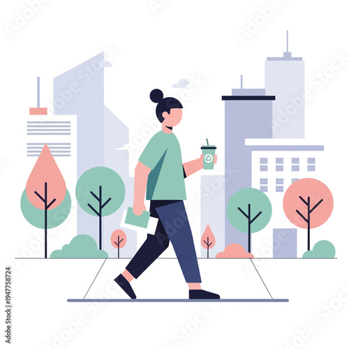 Woman walking in city with coffee and book.