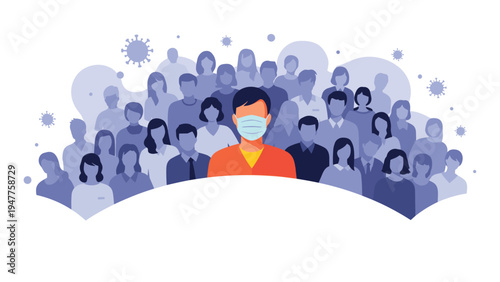 Large crowd of people silhouettes with one highlighted person in the center wearing a medical protective face mask.