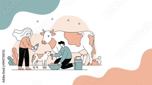 Couple of farmers working together to feed a young calf from a bottle in front of a cow on a peaceful farm.