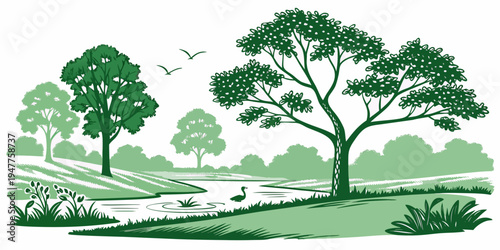 A group of trees on a grassy hill Vector