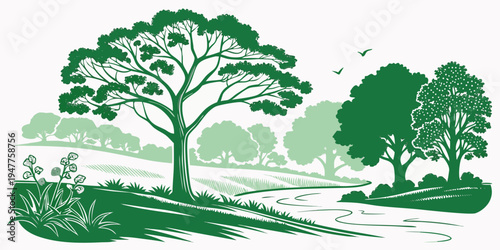 A green illustration of trees on a grassy hill Vector