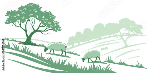 A green landscape with sheep grazing on rolling hills Vector