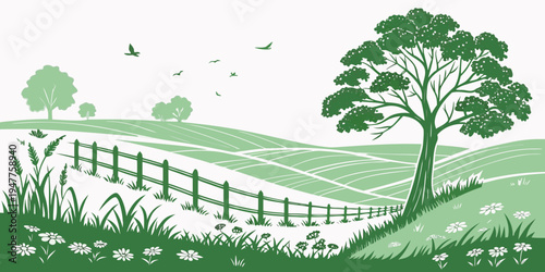 A green tree on a grassy hill with a fence Vector