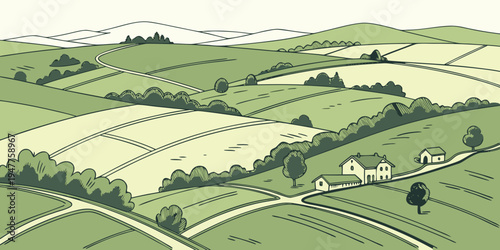 A green landscape with trees and fields Vector