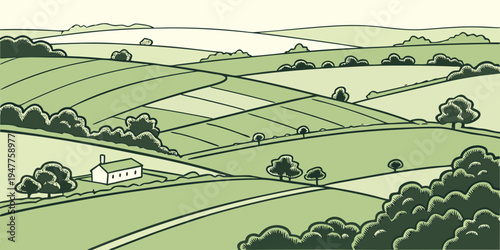 A serene countryside landscape with rolling hills and trees Vector