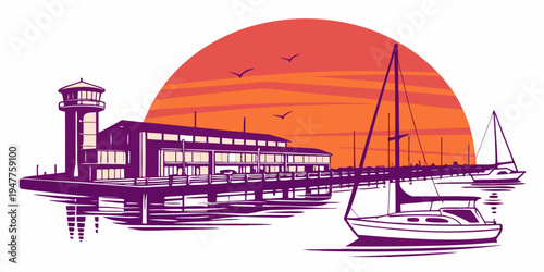 A purple illustration of a dock with boats at sunset Vector