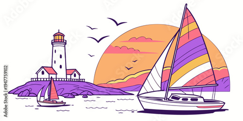 A colorful sailboat and lighthouse by the sea Vector
