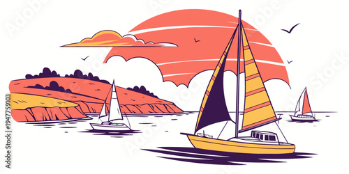 A sailboat on the water with a sunset in the background Vector