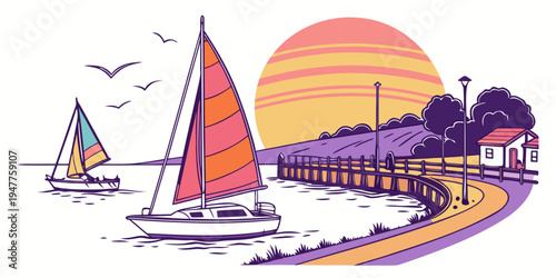 Sailboats on the water during sunset Vector