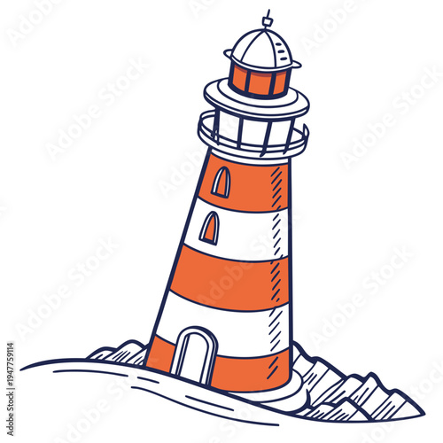 A red and white striped lighthouse on a rocky shore Vector