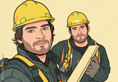 Two construction workers smile for a selfie while at a job site. They wear hard hats and safety gear, ready for their tasks.