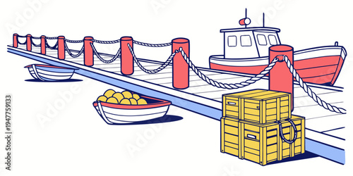 A large cargo ship docked at a pier with crates on the dock Vector