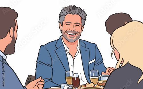 Four people share a meal and drinks together at a table. They appear to have a good time laughing and talking with each other.