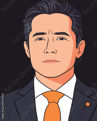 A person stands in a formal suit and orange tie. The background is dark, and the focus is on the person's face and expression.