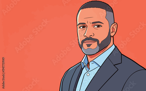 A man dressed in a suit stands confidently. His beard is neatly trimmed. The bright orange background adds a vivid touch.