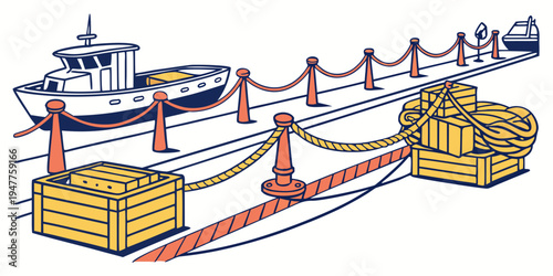 A cargo ship docked at a port with crates and barriers Vector